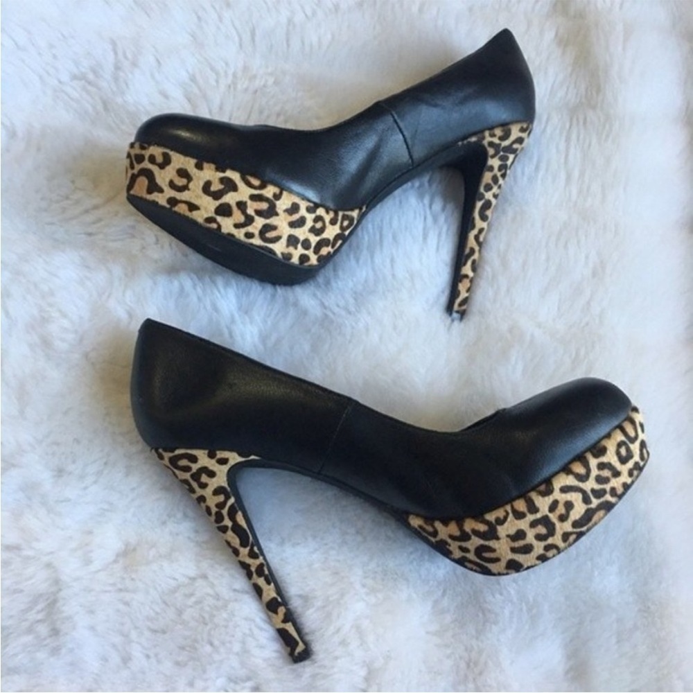 MATIKO Pump Heels Black Leather Leopard Calf Hair Platform Size 8.5